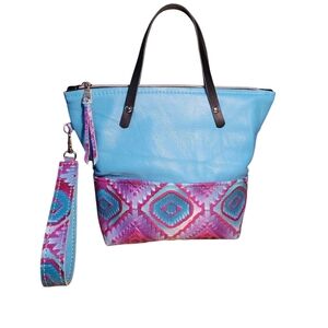 ​Handcrafted Genuine Leather Aztec Rio Tote/Clutch Combo Bright Turquoise Pink